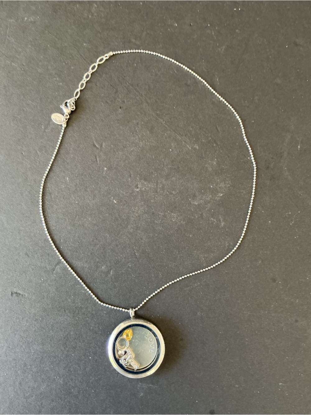 Silver-Tone Round Locket Necklace with Yellow Accent Gem